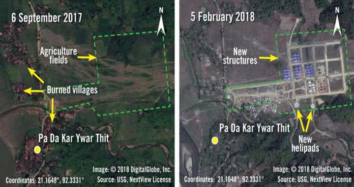 This handout combination image of two satellite photographs released by Amnesty International and DigitalGlobe on 12 March, 2018 shows before and after images taken on 6 September, 2017 and 5 February, 2018 of new structures and helipads being built over agricultural fields in the village of Pa Da Kar Ywar Thit in Myanmar`s Rakhine State. Photo: AFP
