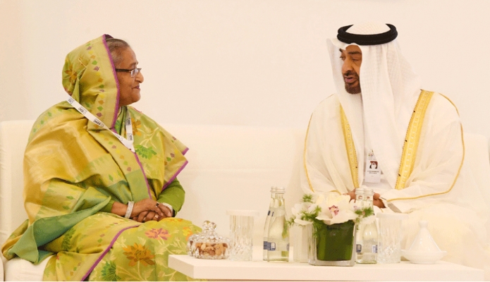 রবিবার প্রধানমন্ত্রী শেখ হাসিনার সাথে আবুধাবির National Exhibition Cenre ( ADNEC )-এ আবুধাবির ক্রাউন প্রিন্স Sheikh Mohammed bin Zayed bin Sultan Al-Nahyan বৈঠক করেন -পিআইডি