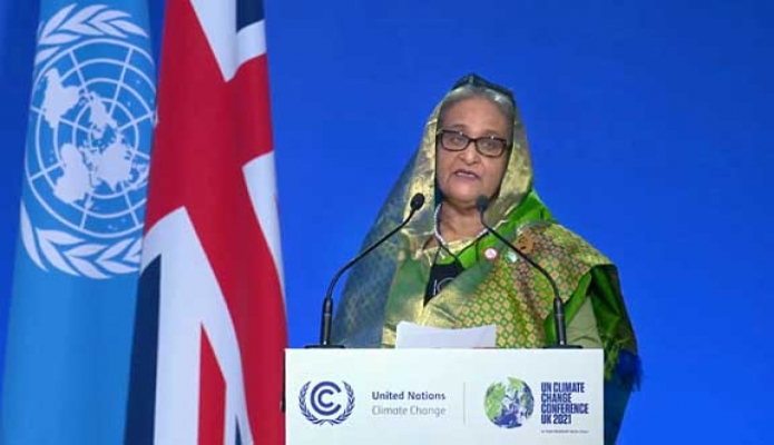 সোমবার প্রধানমন্ত্রী শেখ হাসিনা স্কটল্যান্ডের গ্লাসগোতে Conference of the parties -এর ২৬তম অধিবেশন (COP-26)  এ ভাষণ দেন -পিআইডি