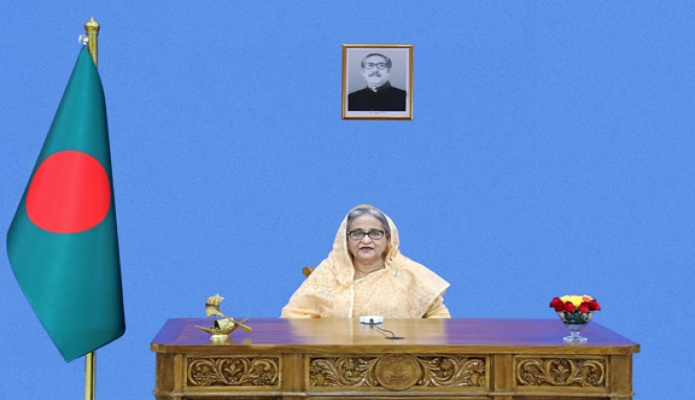 বৃহস্পতিবার প্রধানমন্ত্রী শেখ হাসিনা বাংলাদেশ-জাইকা সহযোগিতার ৫০ বছর উদযাপনের অনুষ্ঠানে একটি ভিডিও বার্তা উপস্থাপন করেন -পিআইডি